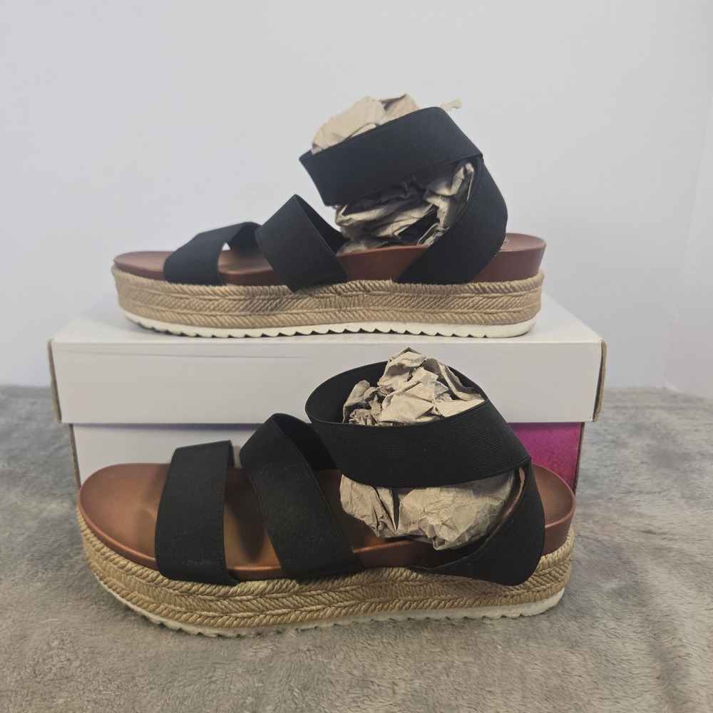 Aloha Island Black Elastic Strap Espadrille Platform Wedge Sandals Women Sz 9